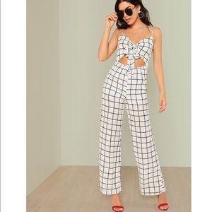Black and white plaid grid pattern tie jumpsuit